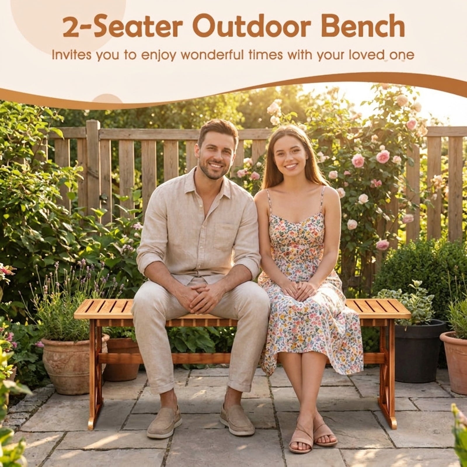 Biotree 51 Inches Outdoor Acacia Wood Bench with Slatted Seat and 800 Lbs Weight Capacity-1 PieceNatural