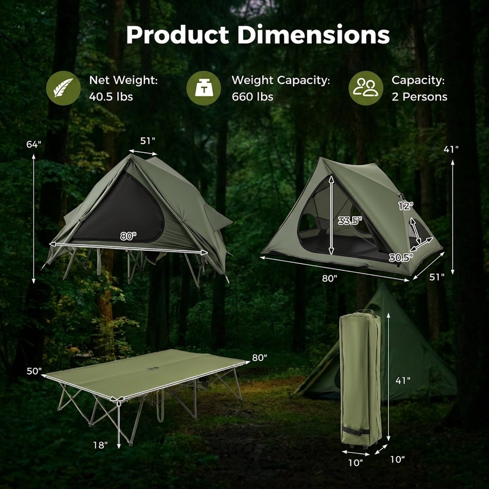 Biotree 2-Person Foldable Off-Ground Camping Cot Tent with Pop Up Shelter and Wheeled Carry Bag, Green