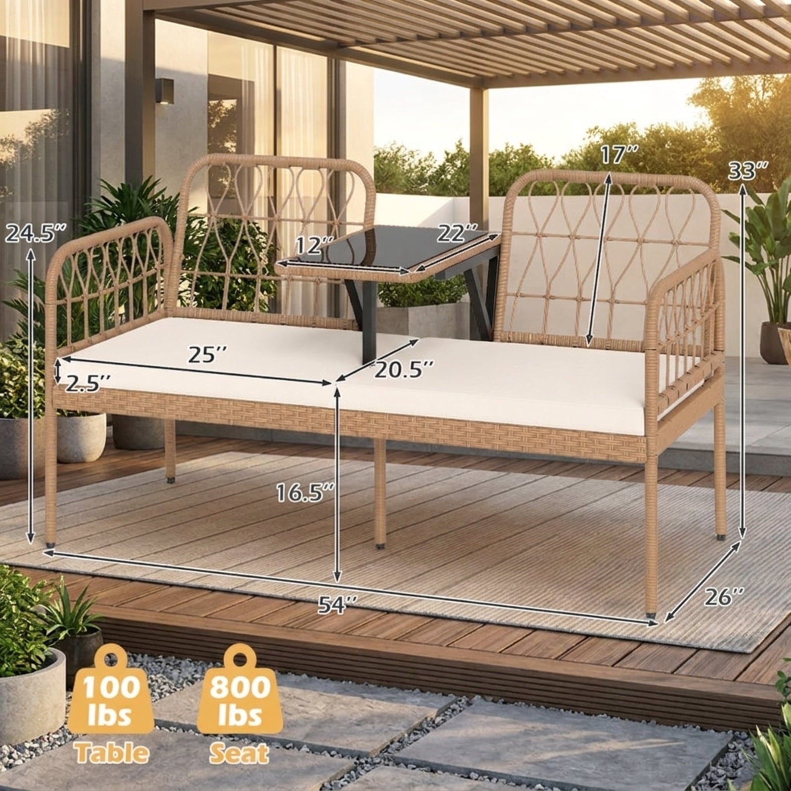 Biotree 2-Seat PE Rattan Outdoor Loveseat with Built-in Coffee Table and Soft Cushions Stackable Patio Chair for Garden BackyardWhite
