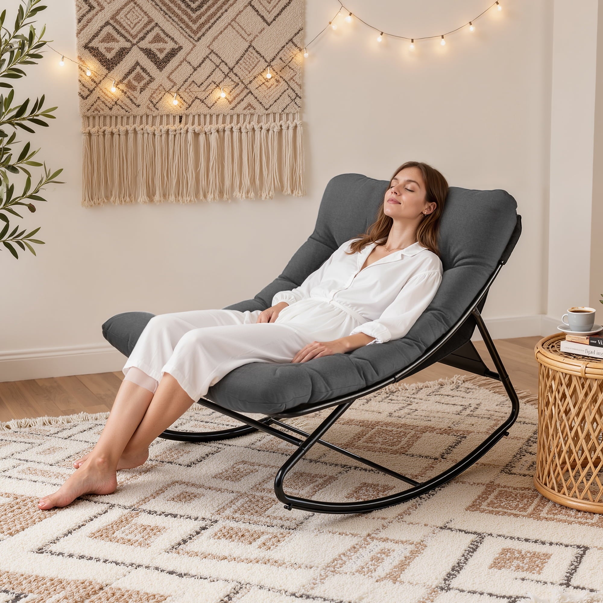 Biotree Oversized Outdoor Rocking Chair,Patio Rocker with Thick Cushion, Weather Resistant Mesh Rocking Chair for Porch, Backyard, Garden,Steel Frame,Gray