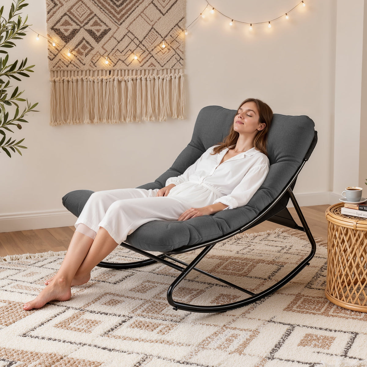 Biotree Oversized Outdoor Rocking Chair,Patio Rocker with Thick Cushion, Weather Resistant Mesh Rocking Chair for Porch, Backyard, Garden,Steel Frame,Gray