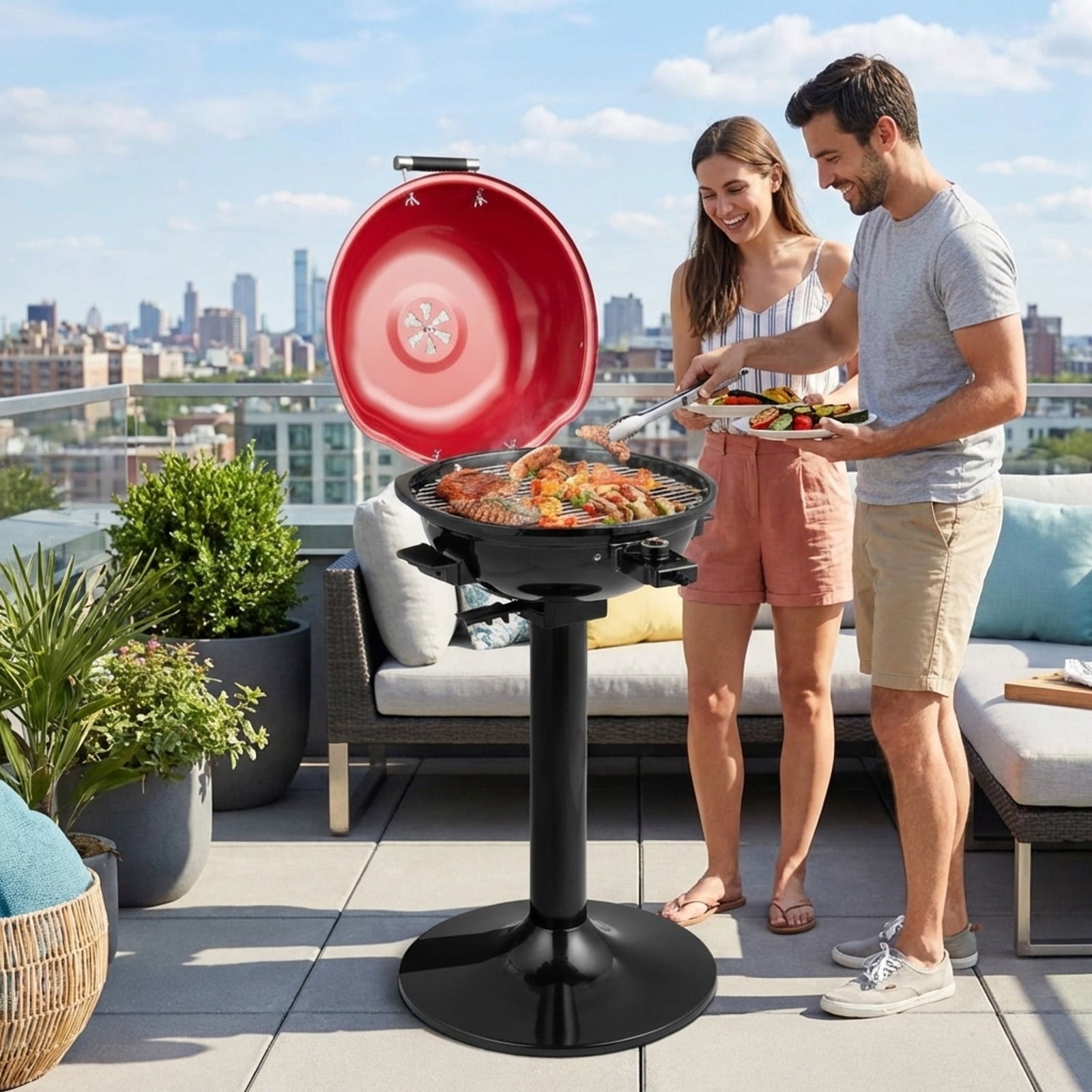 Biotree 1600W Electric BBQ Grill with Removable Non-Stick Warming Rack and Adjustable Temperature Control - Red