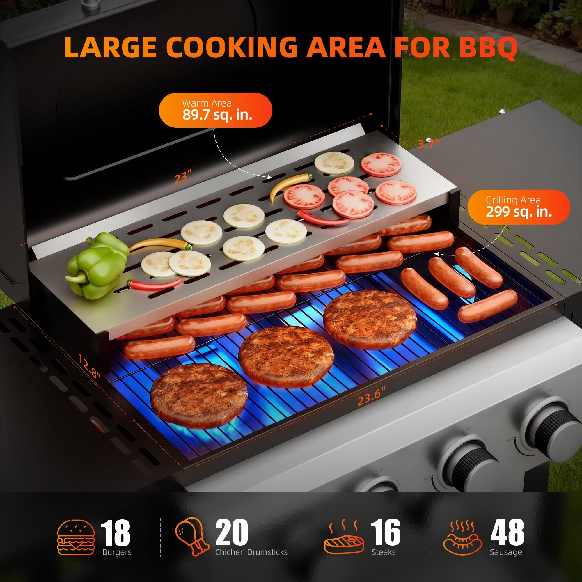 Biotree 4 Burner BBQ Propane Gas Grill, Stainless Steel 34,000 BTU Patio Garden Barbecue Grill with Two Foldable Shelves