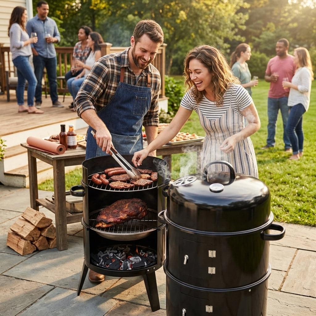 Biotree Outdoor Vertical Charcoal Grill with Lid, Smokeless BBQ Smoker, 360¡ã Even Heating Wood Fired Grill, Charcoal BBQ Cooker for Backyard Patio Camping Cooking Black