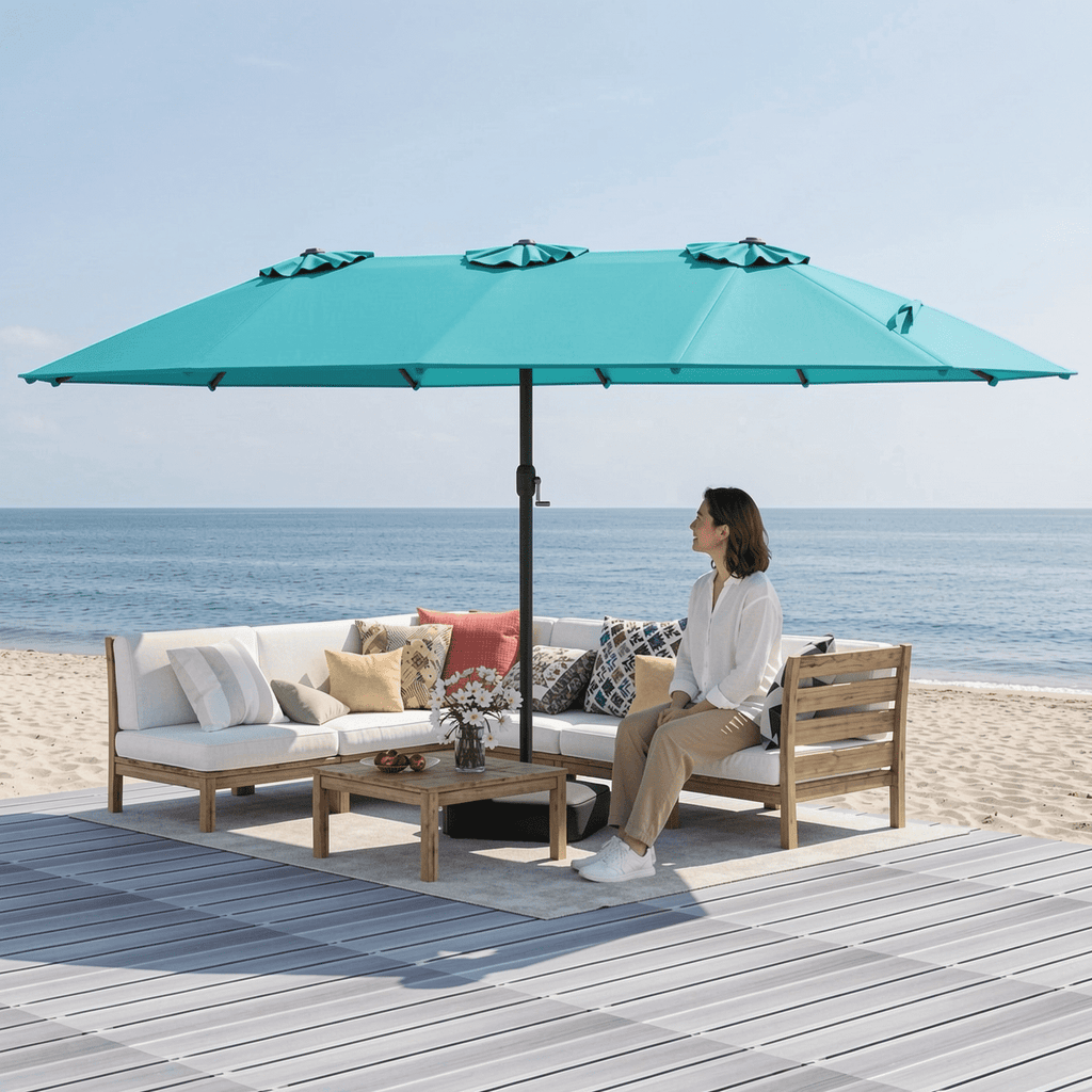 Biotree 15 Feet Double-Sided Twin Patio Umbrella with Crank and Base-Turquoise Beige Brown Blue Grey Orange Red Turquoise Black