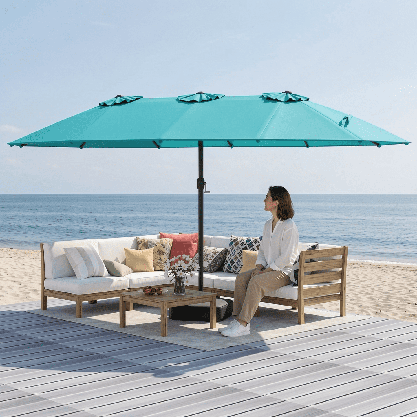 Biotree 15 Feet Double-Sided Twin Patio Umbrella with Crank and Base-Turquoise Beige Brown Blue Grey Orange Red Turquoise Black