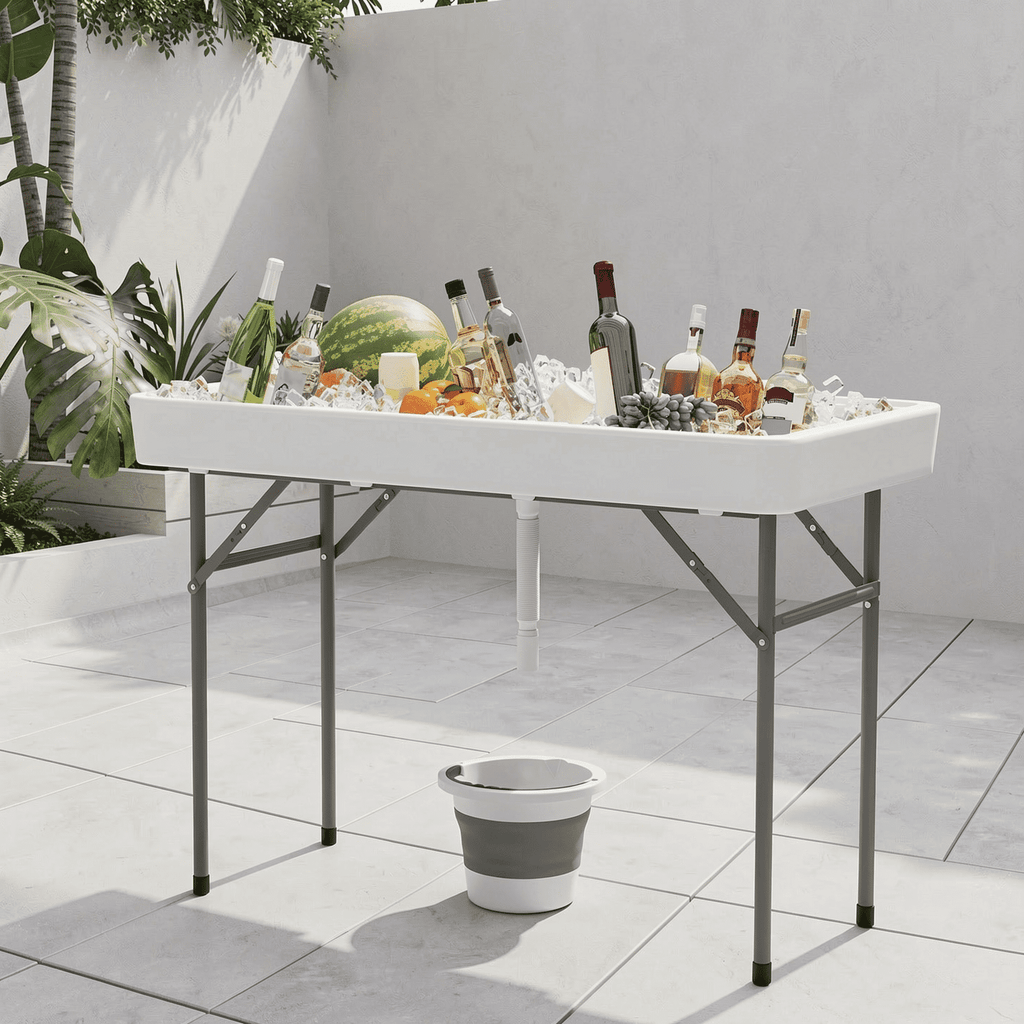 Biotree 4 Foot Ice Cooler Folding Table with Large Sink Portable Ice Bin Table for Camping Party Picnic Events, White