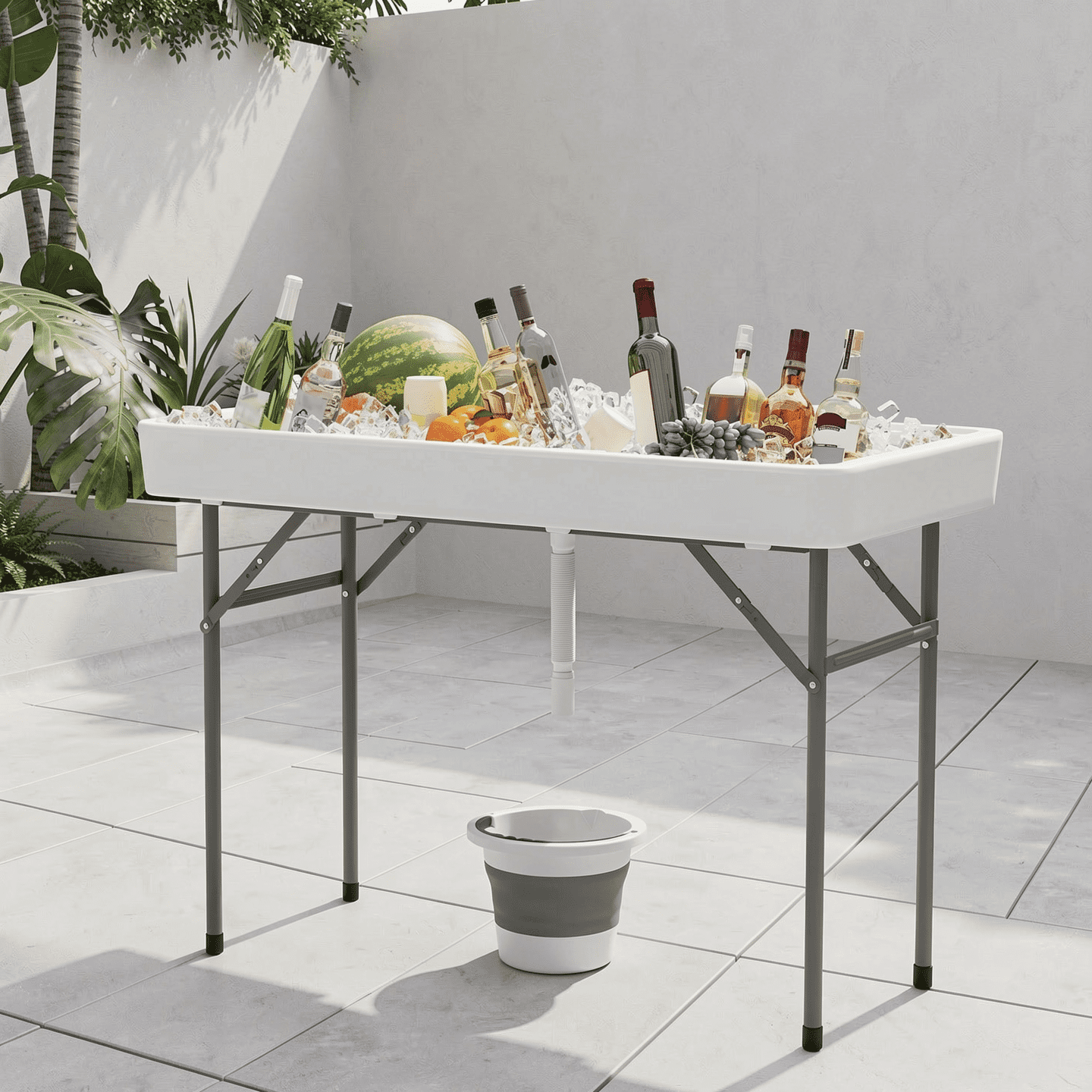 Biotree 4 Foot Ice Cooler Folding Table with Large Sink Portable Ice Bin Table for Camping Party Picnic Events, White