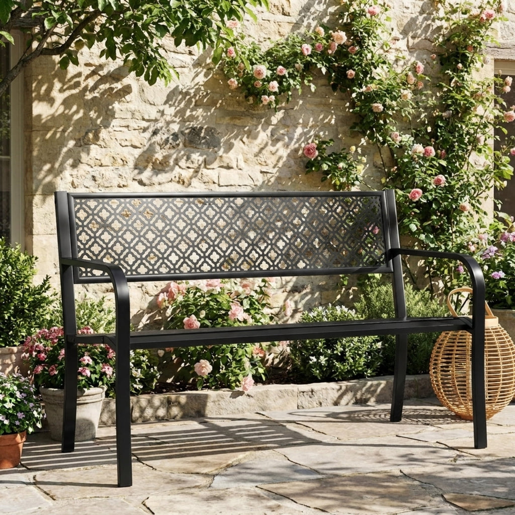 Biotree 50 Inches Outdoor Garden Bench with Geometric Lattice Backrest and Slatted Seat Stackable Patio Chair for Garden BackyardBlack