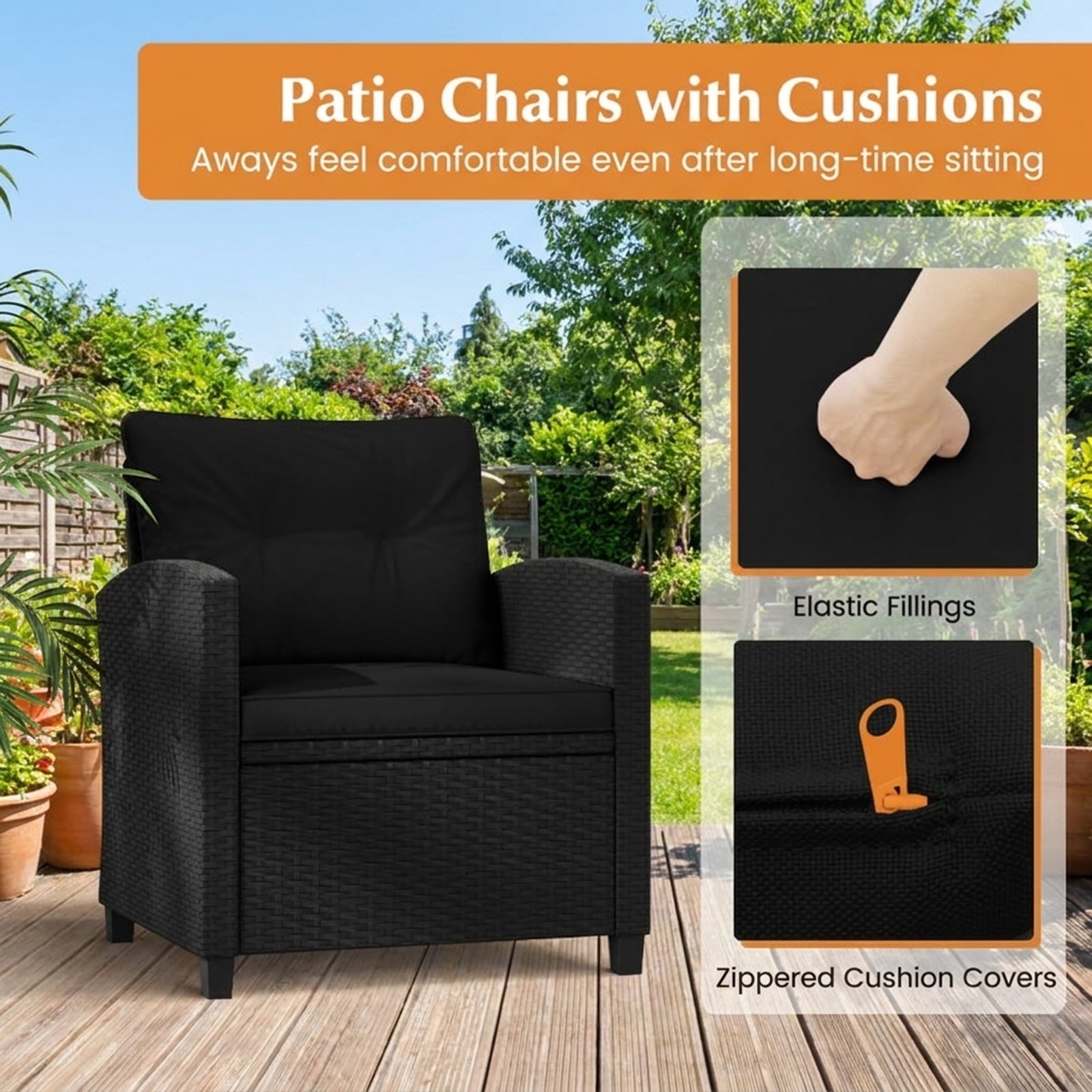 Biotree 3 Pieces Patio Furniture Set with Tempered Glass Coffee Table Outdoor Conversation Set for Garden Backyard PorchBlack