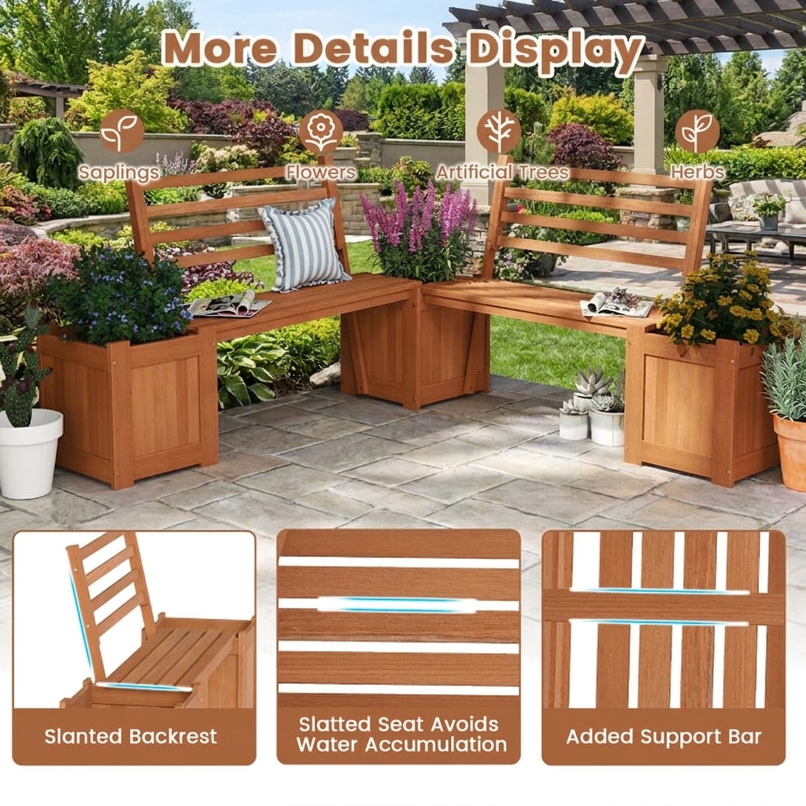 Biotree Wood Planter Box with Bench and Backrest for Garden Yard Balcony, 68x18.5x36 Inch Outdoor Hardwood Combination Plant Container and Patio Seating, Natural