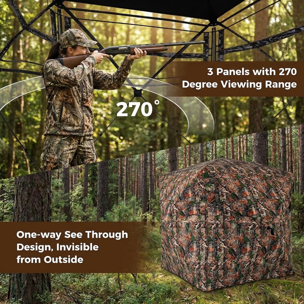 Biotree 270 Degree See-Through Ground Hunting Blind for 3-4 People with Carry Bag for Deer and Turkey