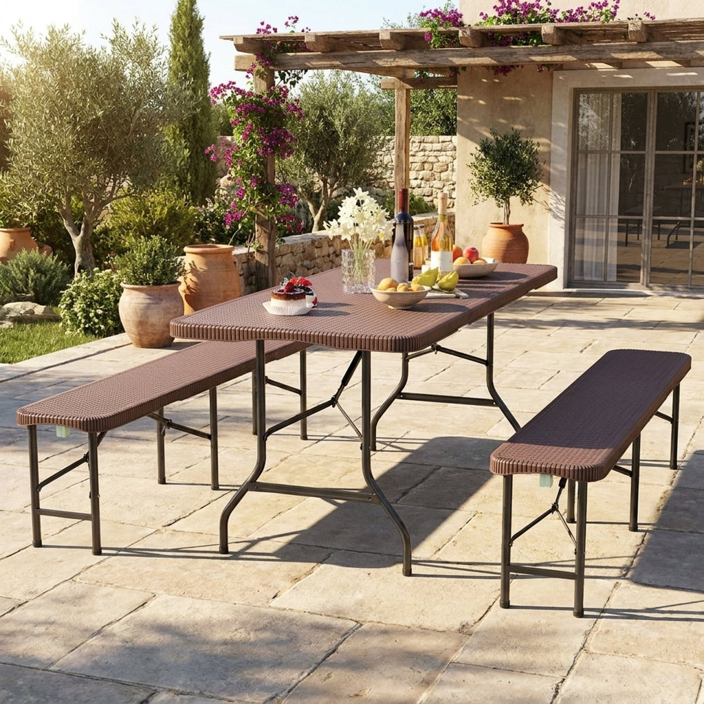 Biotree 6 ft Portable Folding Table with Rattan-Like HDPE Tabletop and Safe Lock Mechanism, Coffee