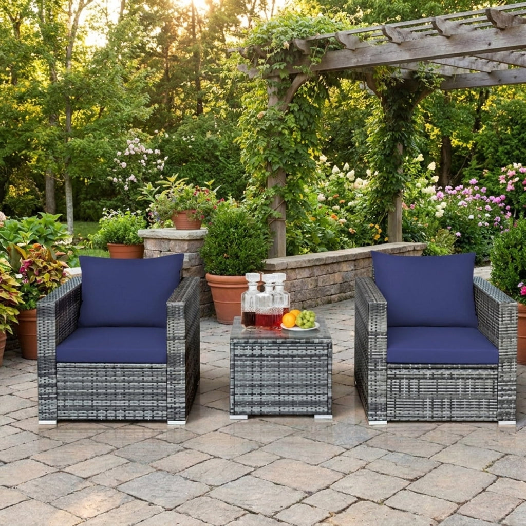 Biotree 3 Pcs Patio Rattan Furniture Bistro Sofa Set with Cushioned Outdoor Conversation Set for Garden Backyard PorchNavy