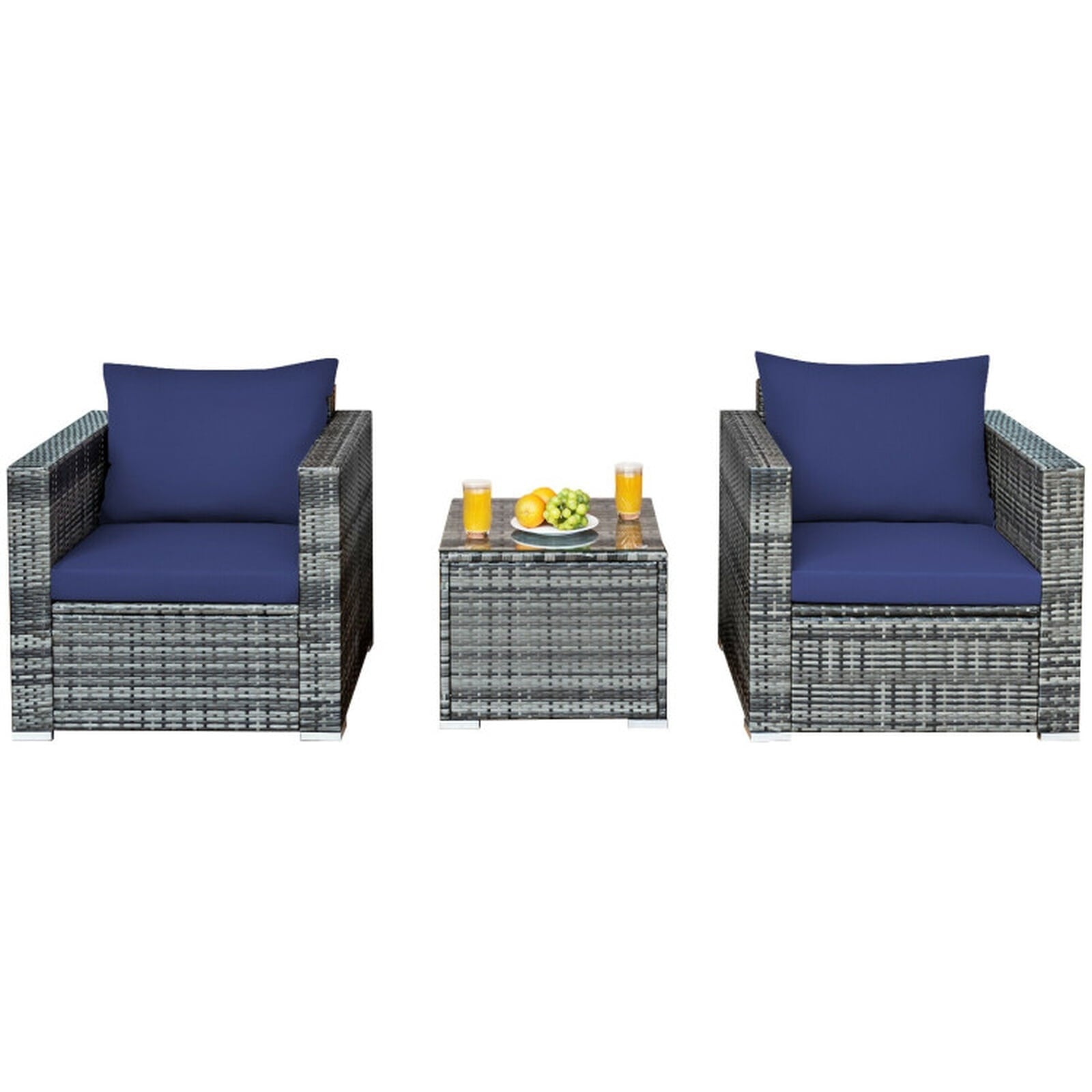 Biotree 3 Pcs Patio Rattan Furniture Bistro Sofa Set with Cushioned Outdoor Conversation Set for Garden Backyard PorchNavy