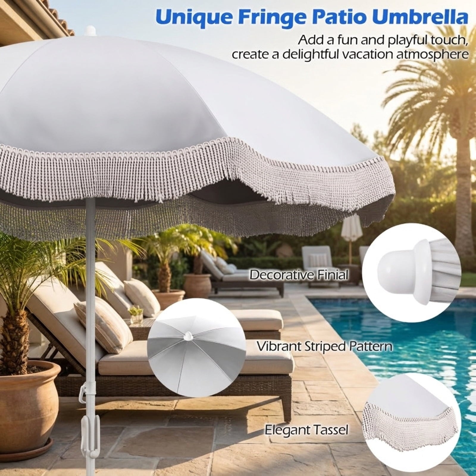 Biotree 6 ft Beach Tassel Fringe Patio Umbrella Crank Tilt Outdoor Shade - White - UV Protection with Cross Base