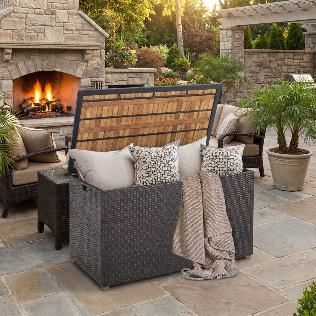Biotree 134 Gallon Rattan Storage Box with Zippered Liner and Solid Acacia Wood Top Outdoor Waterproof for Patio Deck Garden Cushions, Brown