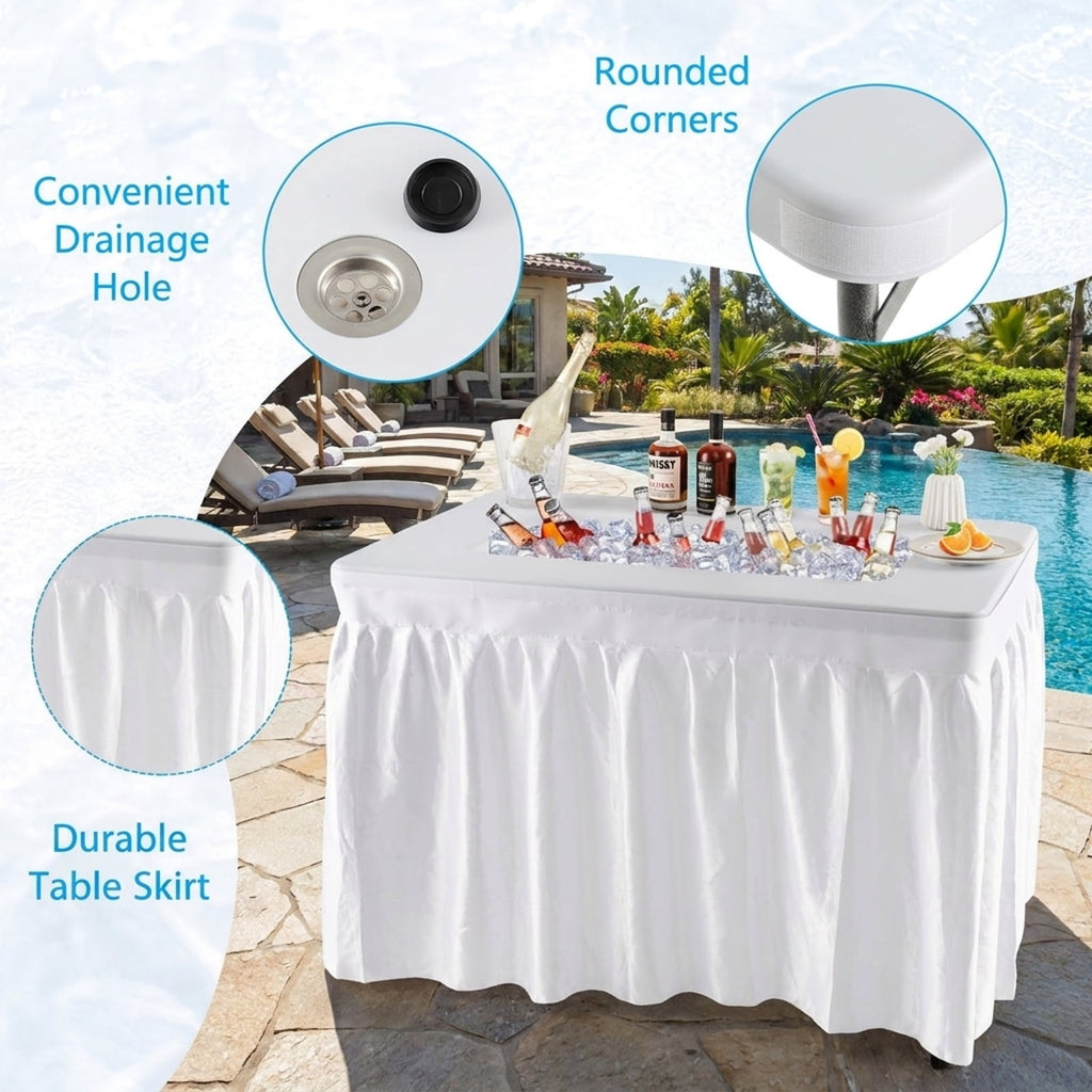 Biotree 4 Feet Folding Ice Bin Table with Skirt for Camping Picnic Wedding with Ice Bucket, White
