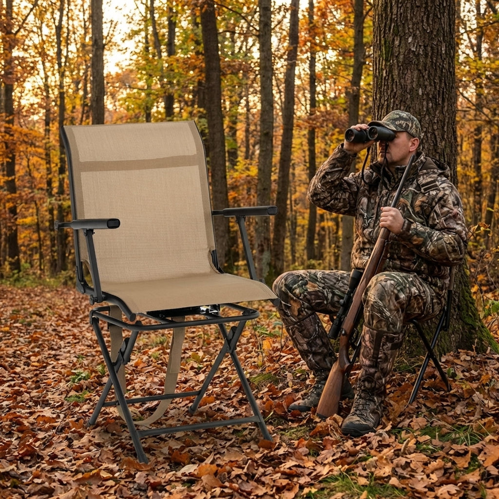 Biotree 360 Degree Swivel Hunting Chair Foldable Outdoor Camp Chair with Armrest and Breathable Mesh Back for Camping Fishing, Brown