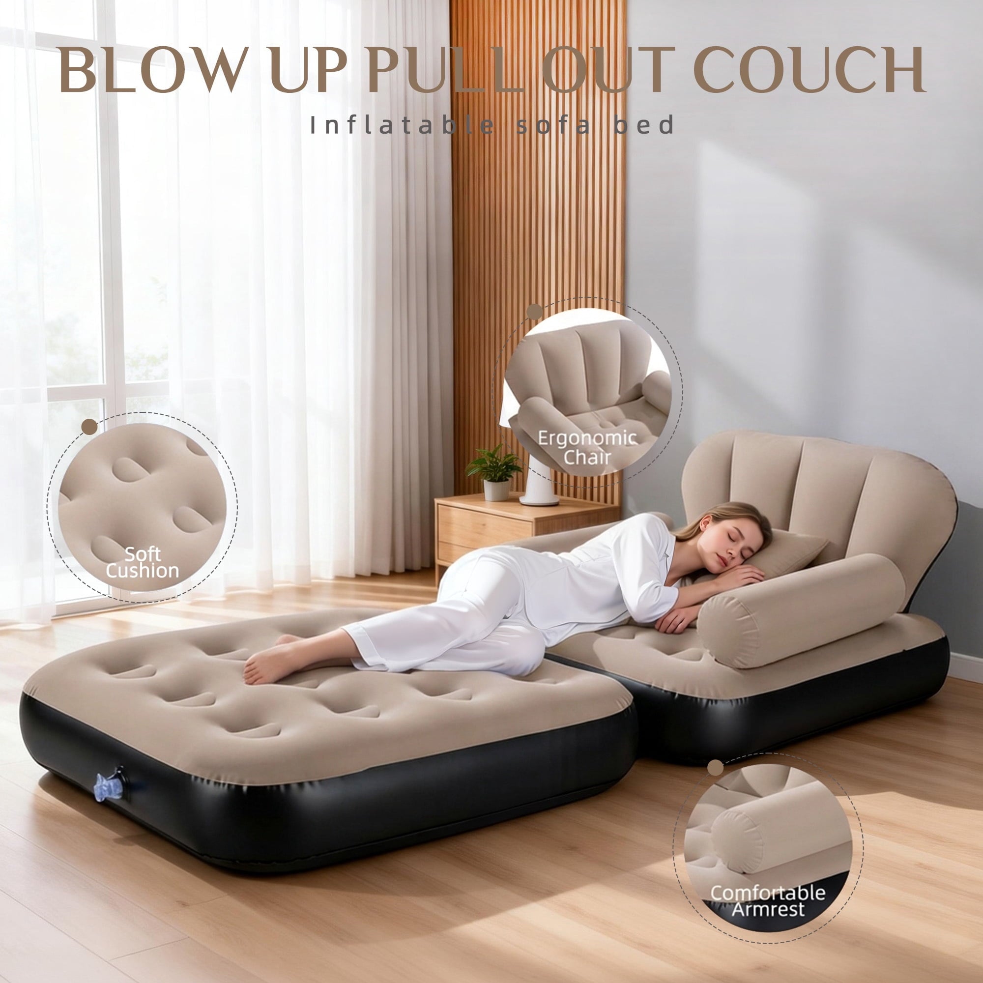 Biotree Inflatable Sofa Bed, 5-in-1 Foldable Thickened Flocked PVC Blow up Sofa with 2 Pumps, Air Couch Mattress for Camping,Brown