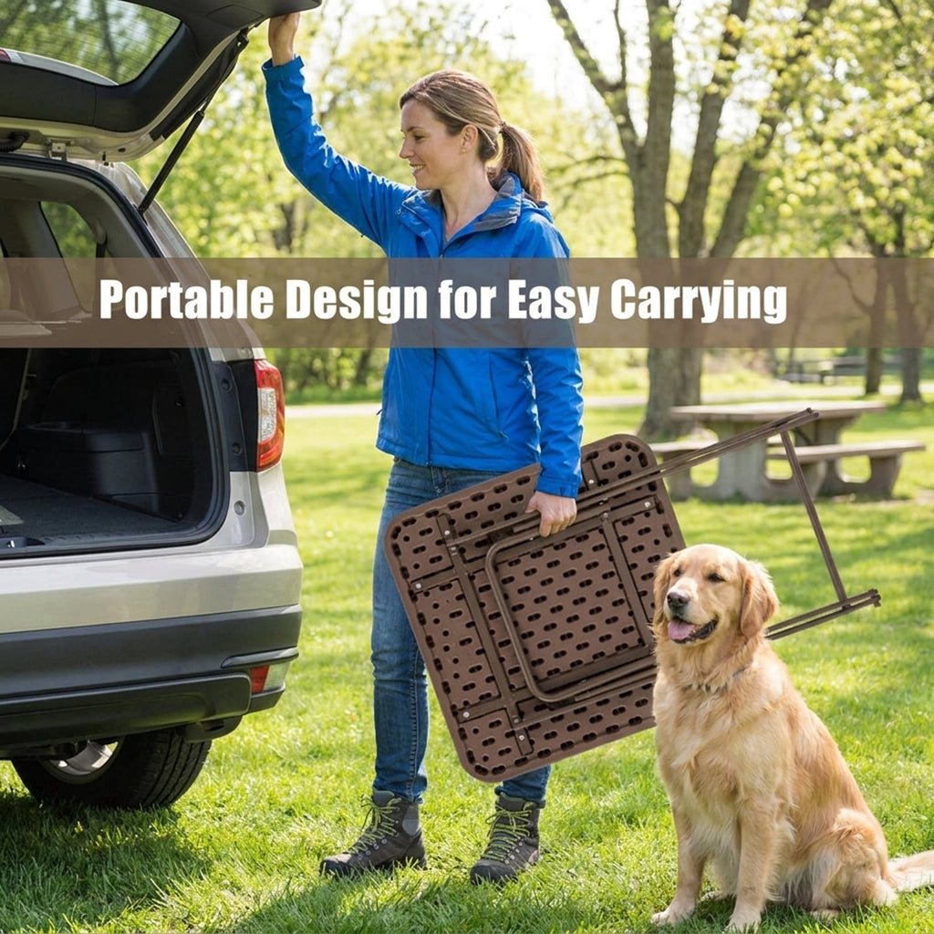 Biotree Folding Picnic Table with Rattan Grain HDPE Tabletop and Sturdy Metal Fame, Coffee