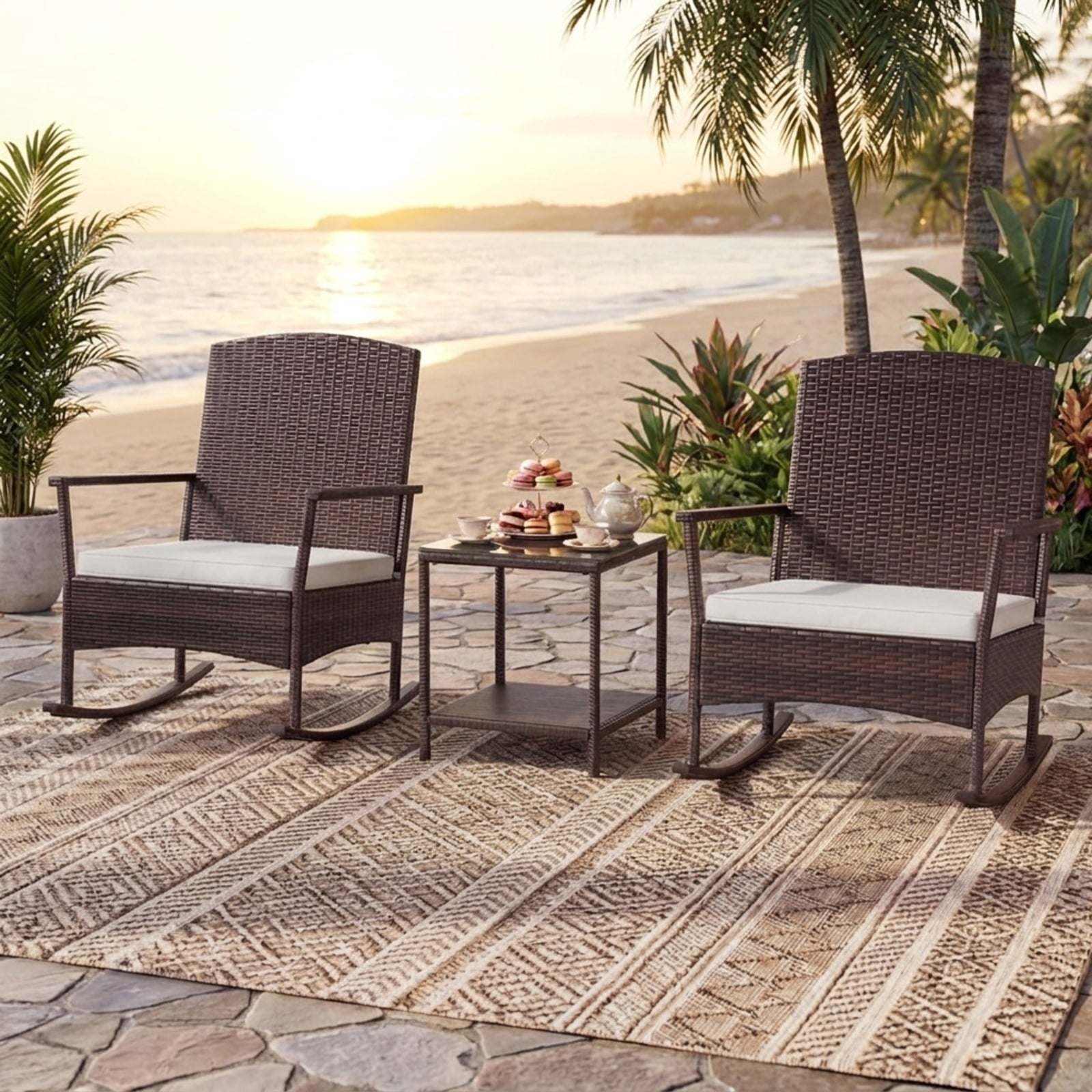 Biotree 3 Piece Patio Rocking Set Wicker Rocking Chairs with 2-Tier Coffee Table Outdoor Conversation Set for Garden Backyard PorchOff White