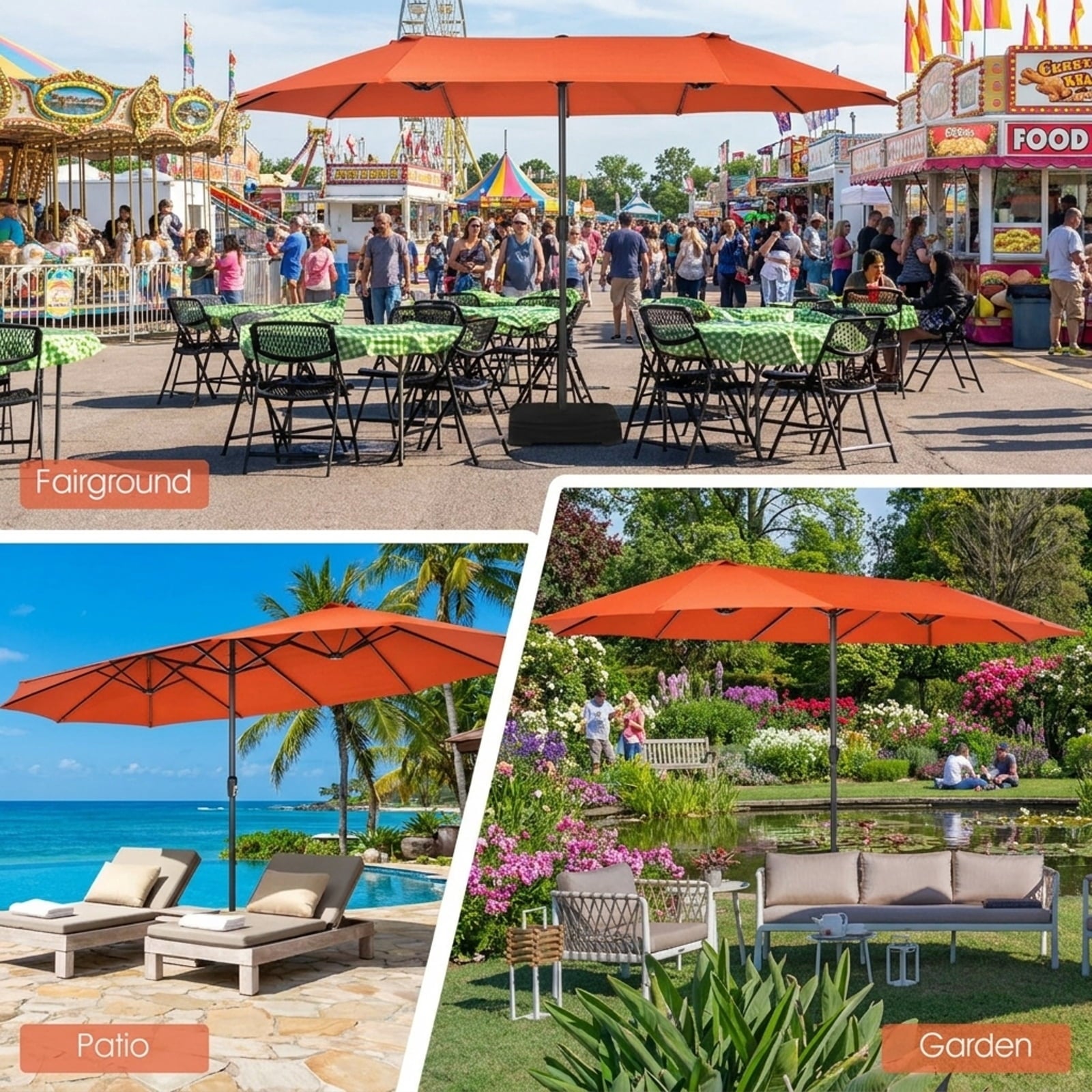 Biotree 15 ft Double-Sided Twin Patio Umbrella Crank Tilt Outdoor Shade - Orange - UV Protection with Cross Base