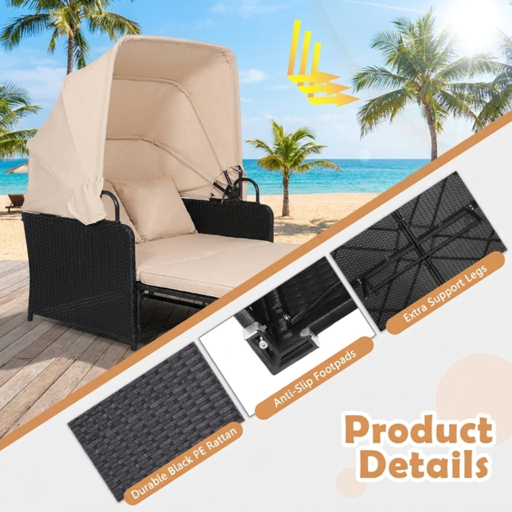 Biotree Patio Rattan Daybed with Retractable Canopy and Side Tables Outdoor Conversation Set for Garden Backyard PorchBeige