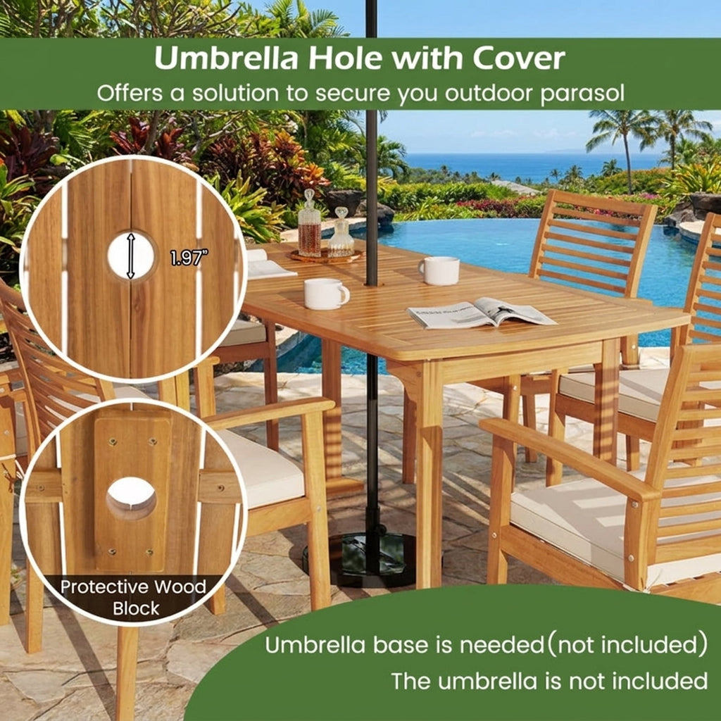 Biotree 63 inch Outdoor Dining Table with Umbrella Hole and Slatted Tabletop, Natural