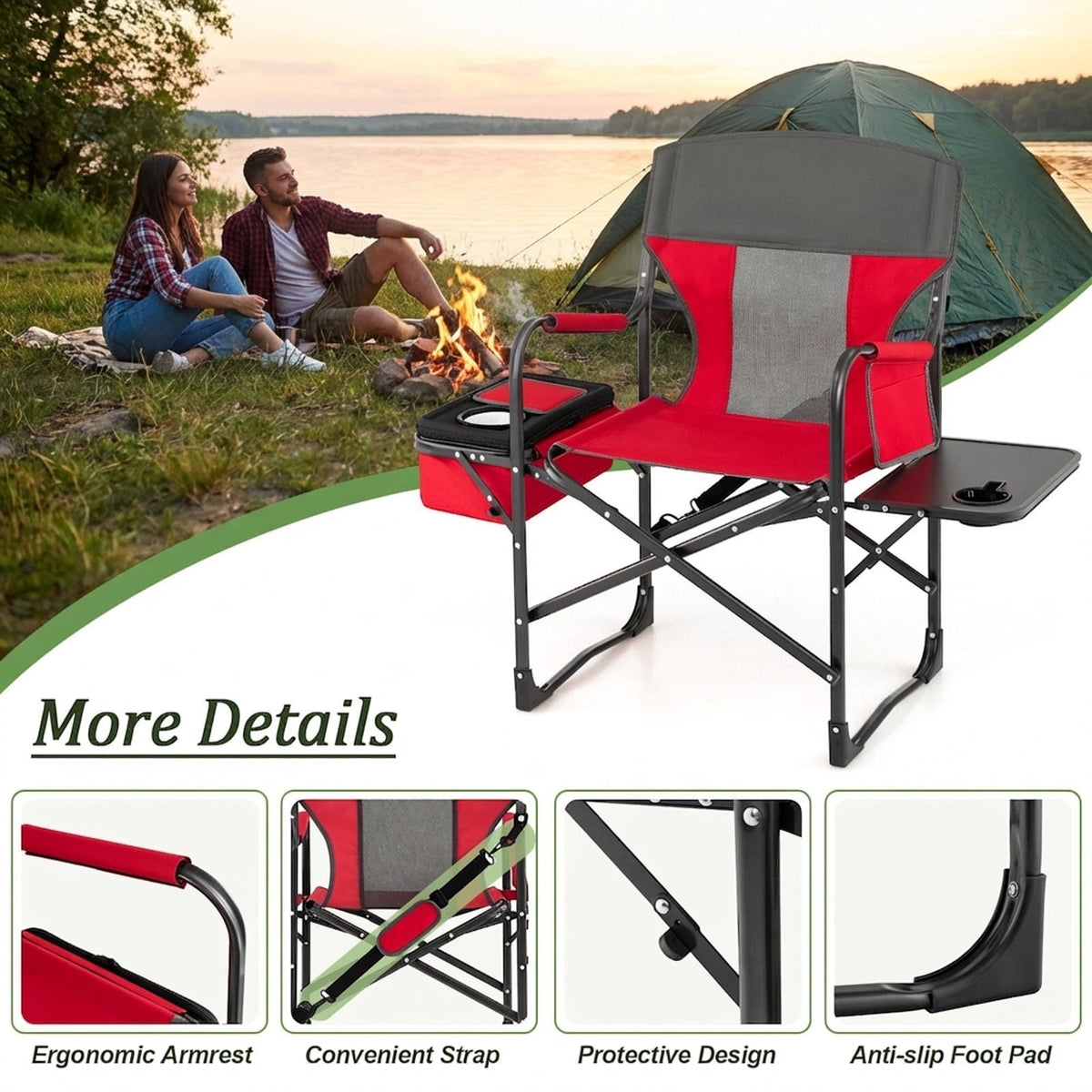 Biotree Folding Directors Camping Chair with Cooler Bag and Side Table Heavy Duty 400 lb Capacity Portable Outdoor Chair, Red
