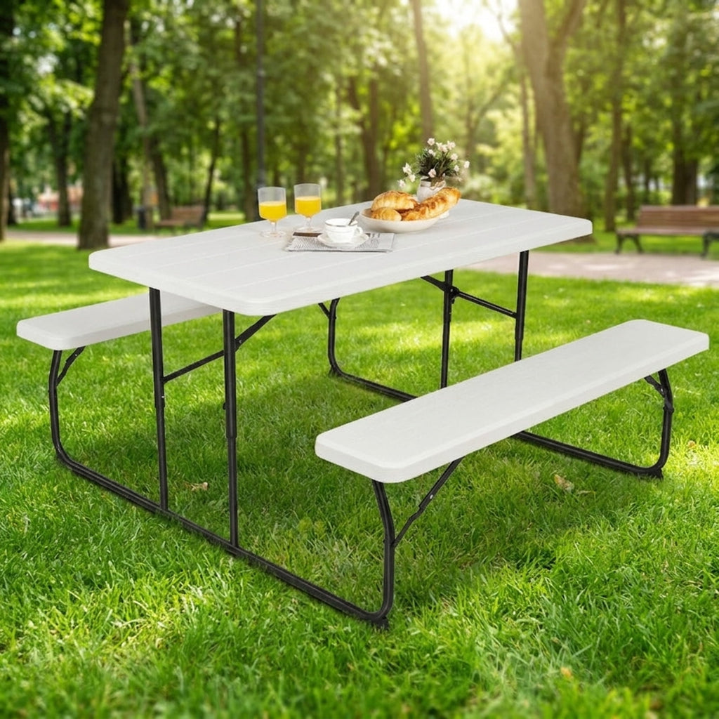 Biotree Indoor and Outdoor Folding Picnic Table Bench Set with Wood-like Texture, White