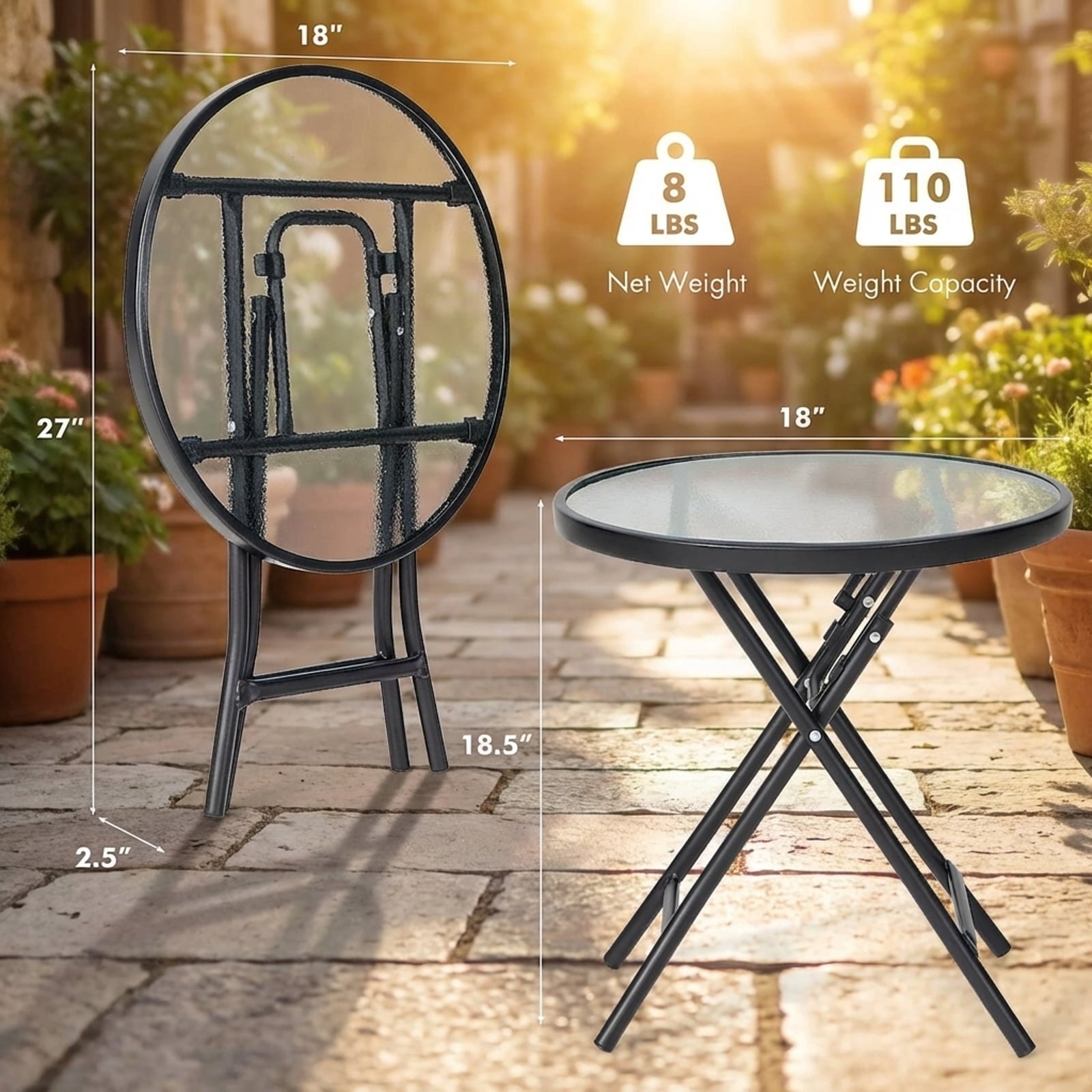 Biotree Patio Folding Side Table with Tempered Glass Top