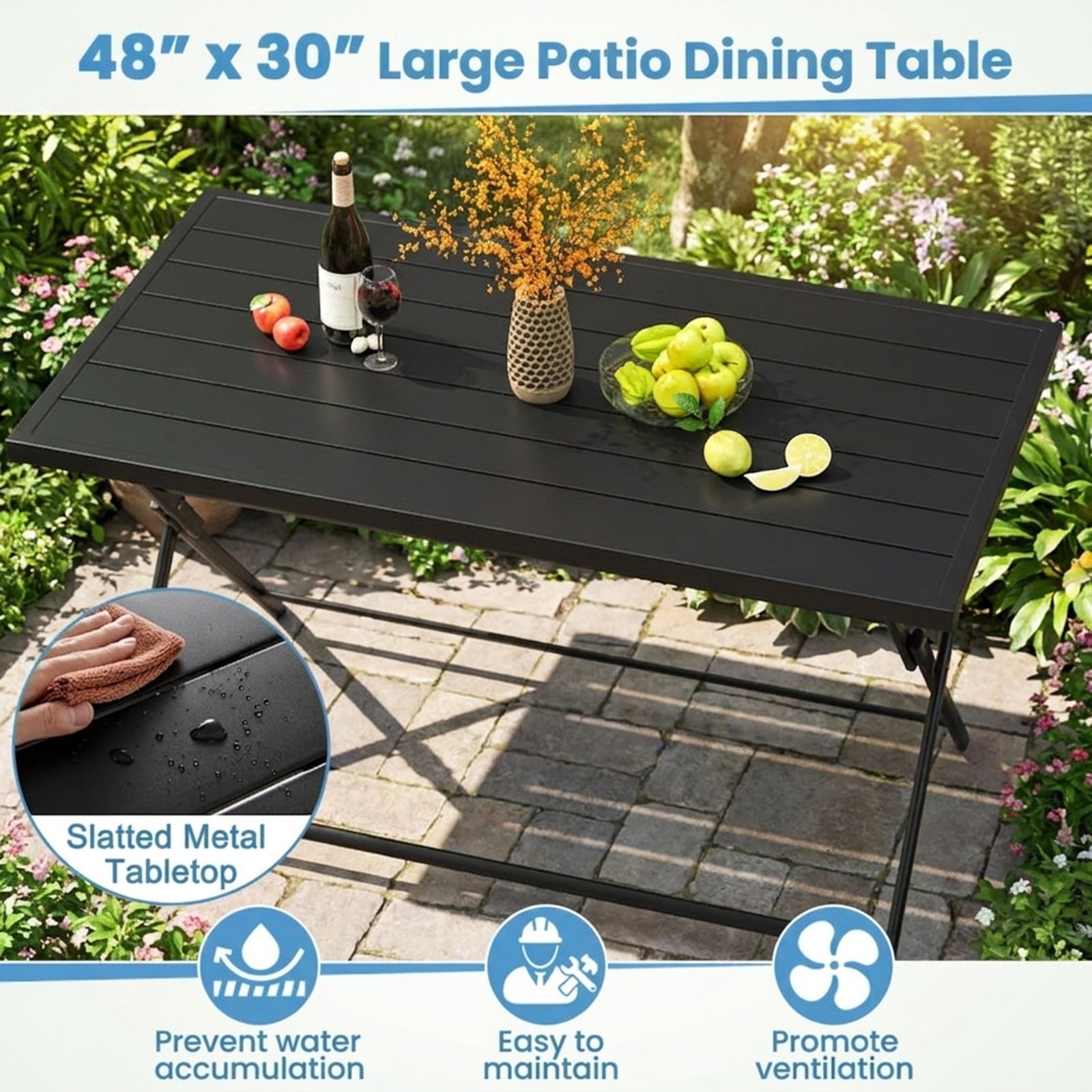 Biotree Foldable Outdoor Dining Table 48inch x 30inch Rectangular Metal Patio Table with Slatted Tabletop, Dark Brown