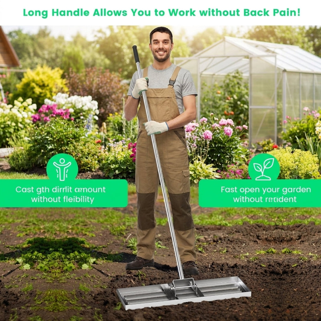 Biotree 30 x 10 Inch Lawn Leveling Rake with Ergonomic Handle for Lawn Garden Yard Soil Care, Silver