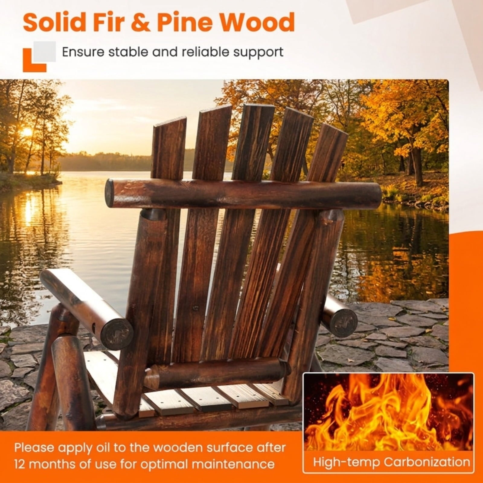 Biotree Outdoor Adirondack Rocking Chair for Adults Solid Wood Porch Rocker Stackable Patio Chair for Garden BackyardBrown