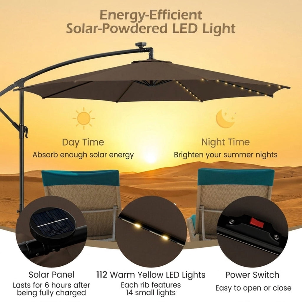 Biotree 10 ft Cantilever Offset Patio Umbrella Solar LED Lights Outdoor Shade - Brown - UV Protection