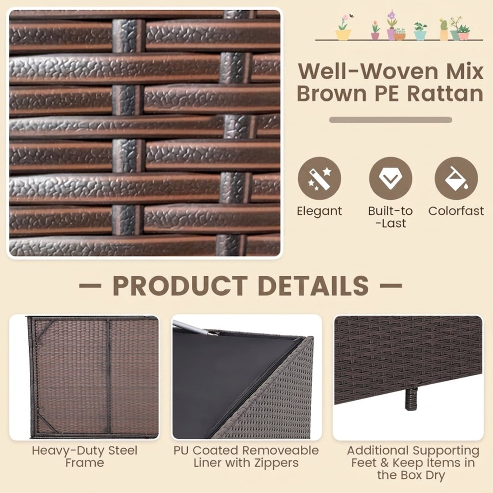 Biotree Outdoor Wicker Storage Box with Zippered Liner-133 Gallon Outdoor Waterproof for Patio Deck Garden Cushions, Brown