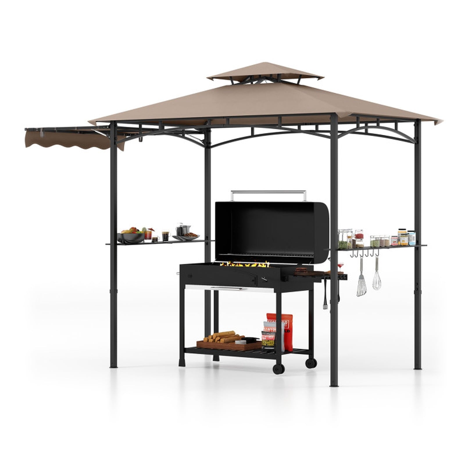 Biotree 11 x 5 FT Grill Gazebo with Side Awning and Double-Tiered Top Brown - Outdoor Patio Backyard Garden Shade Canopy Shelter
