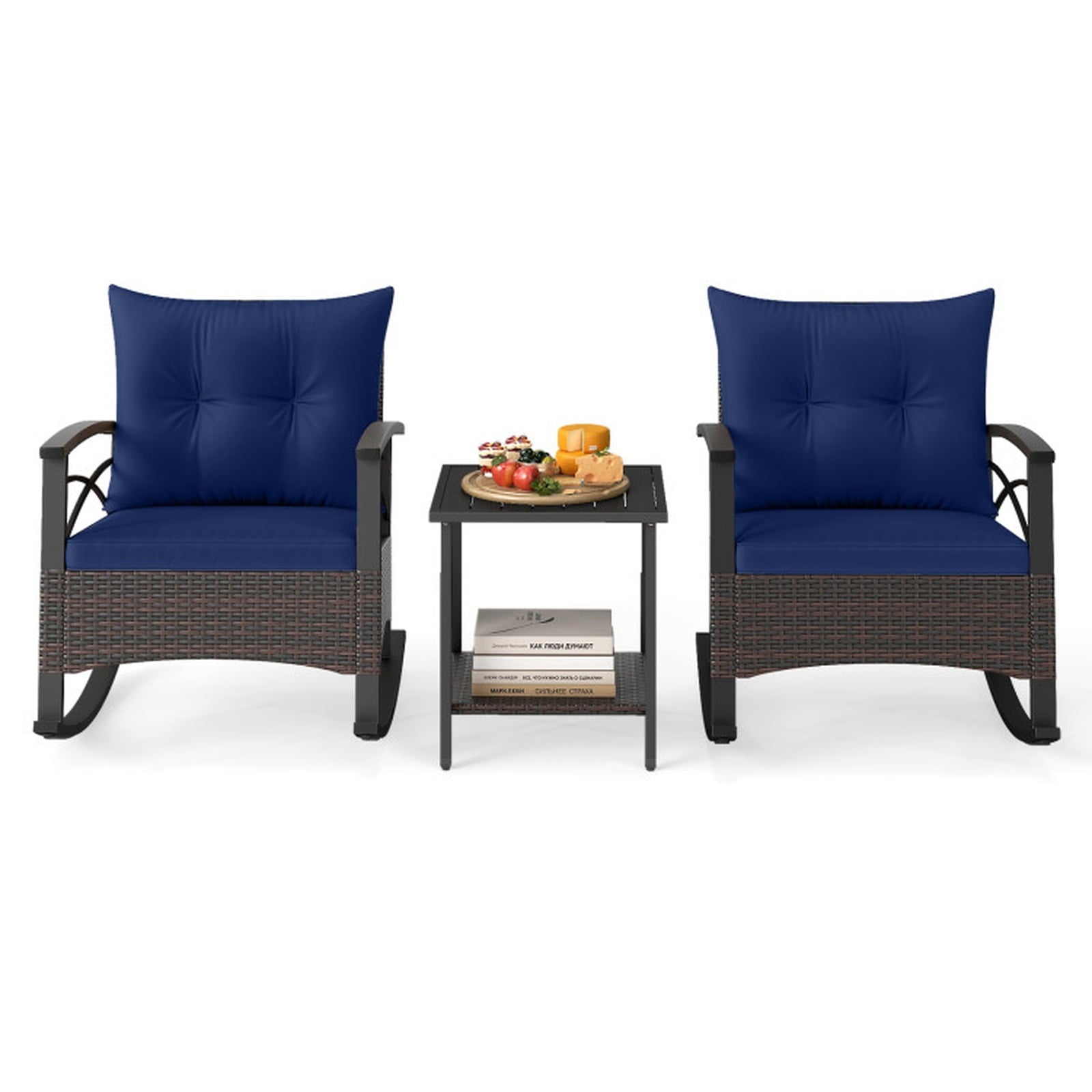 Biotree 3 Piece Rocking Bistro Set PE Rattan Rocker Chairs with Acacia Wood Top Table Outdoor Conversation Set for Garden Backyard PorchNavy