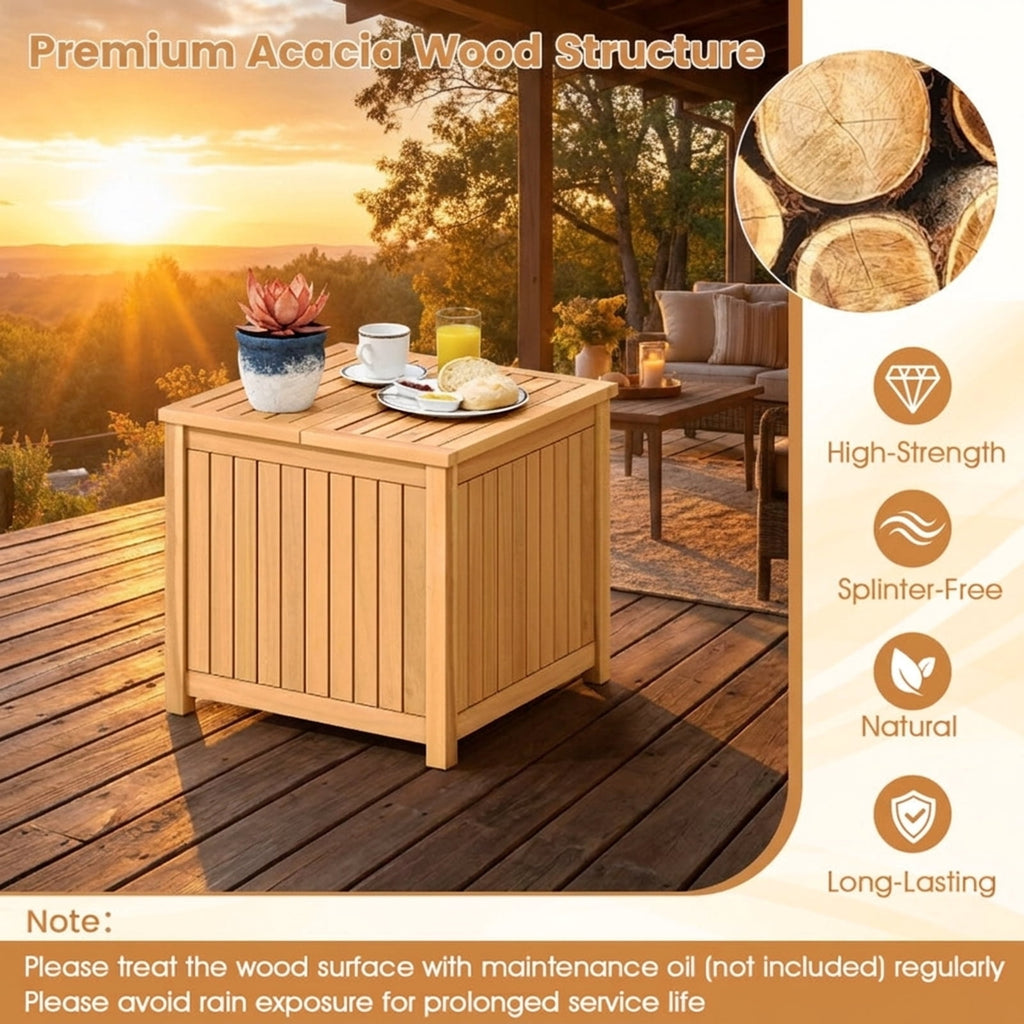 Biotree 2-in-1 Outdoor Side Table with Storage Acacia Wood Slatted Coffee Table Square Slatted End Storage Box with 2.3" Umbrella Hole, Natural