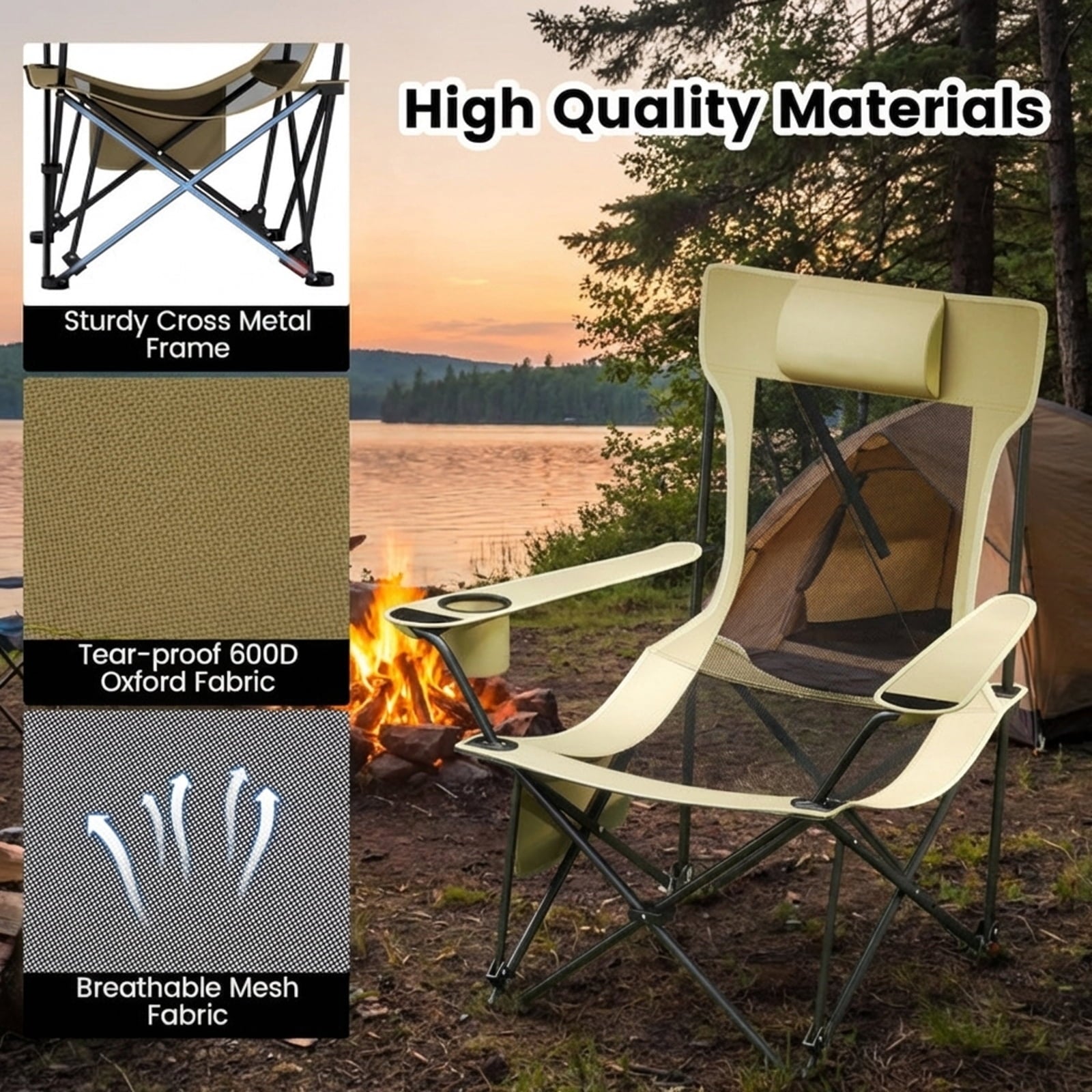 Biotree Reclining Camping Chair with Removable Footrest 4-Position Adjustable Backrest Portable Folding Outdoor Lounge Chair, Green