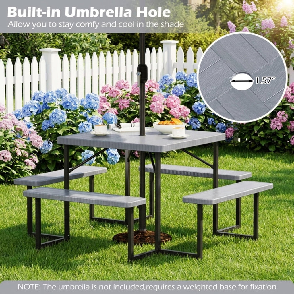 Biotree 63-Inch Outdoor Square Picnic Table Bench Set for 4-8 People with Umbrella Hole, Gray