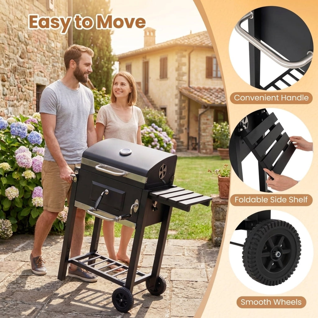 Biotree Portable Outdoor Charcoal BBQ Grill with Adjustable Charcoal Tray, Charcoal Grill on Wheels with Warming Rack, BBQ Smoker Cooker for Backyard Patio Camping Black