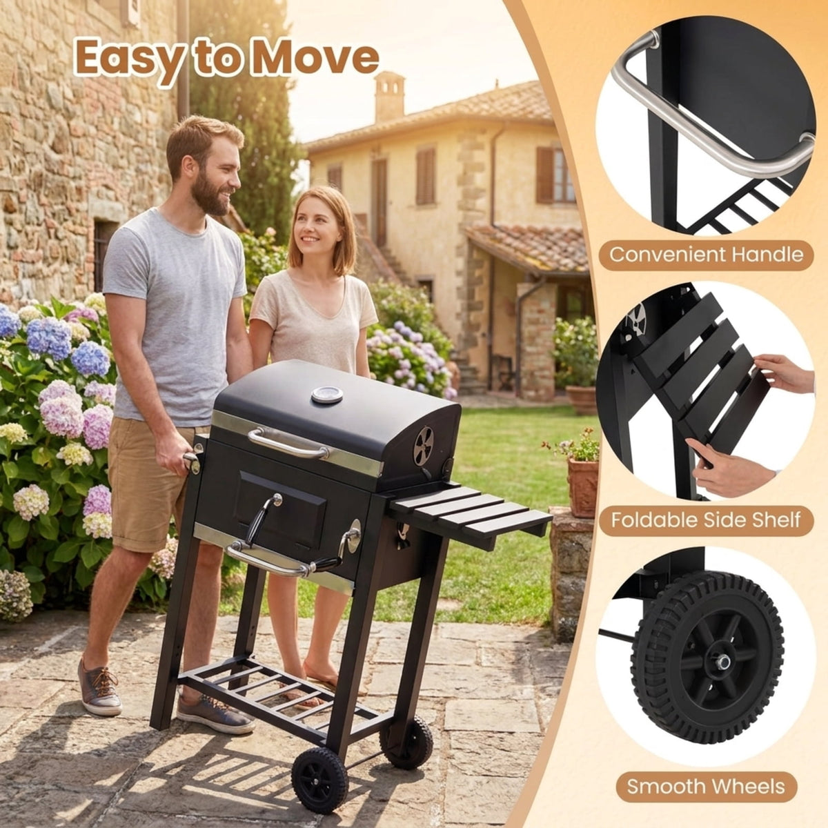 Biotree Portable Outdoor Charcoal BBQ Grill with Adjustable Charcoal Tray, Charcoal Grill on Wheels with Warming Rack, BBQ Smoker Cooker for Backyard Patio Camping Black