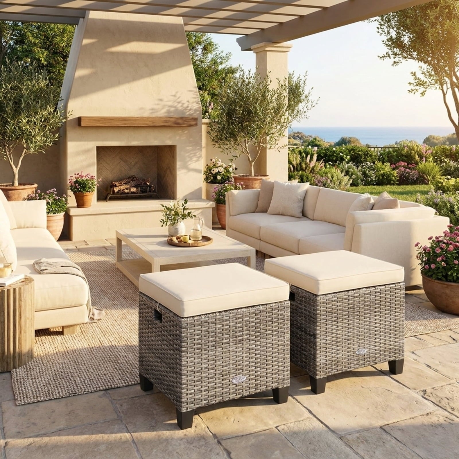 Biotree 2 Pieces Patio Rattan Ottoman Seat with Removable Cushions Stackable Patio Chair for Garden BackyardBeige