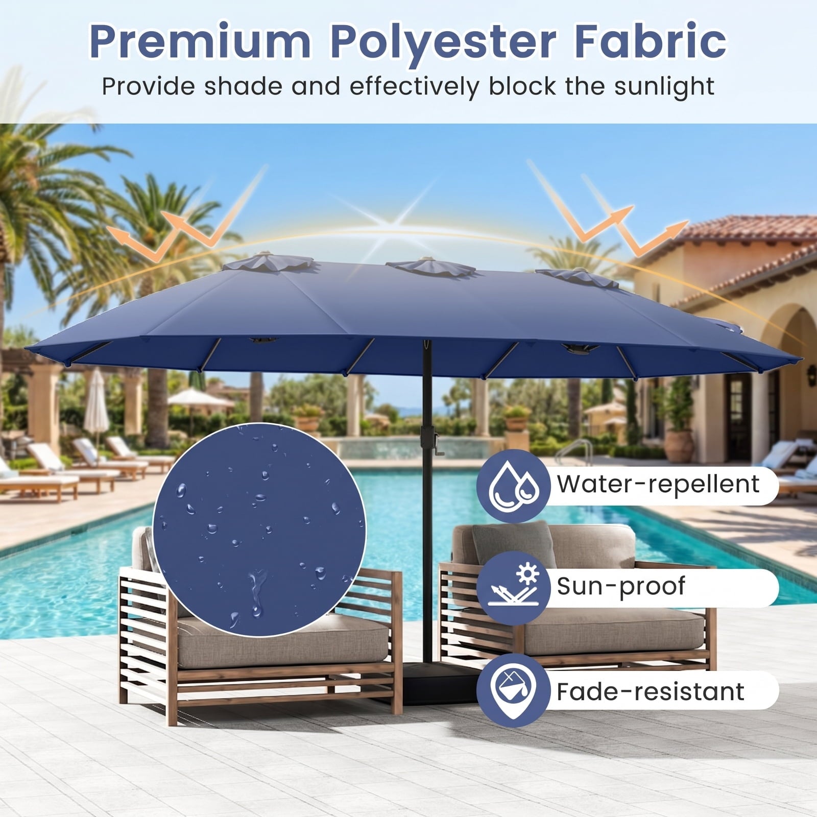 Biotree 15 ft Double-Sided Twin Patio Umbrella Crank Tilt Outdoor Shade - Blue - UV Protection with Cross Base