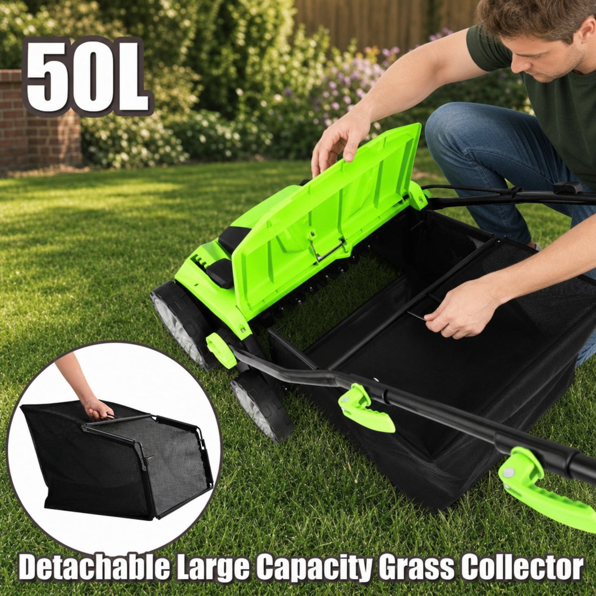 Biotree 15" 13 Amp Electric Lawn Dethatcher Scarifier, Corded Lawn Rake with 4-Position Height Adjustment, Removable Blades and 50L Collection Bag for Lawn Care Yard Renovation Green