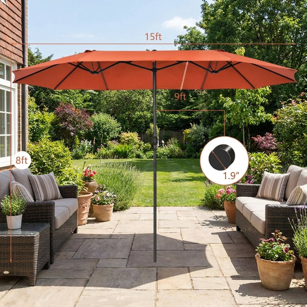 Biotree 15 ft Double-Sided Twin Patio Umbrella Crank Tilt Outdoor Shade - Orange - UV Protection with Cross Base