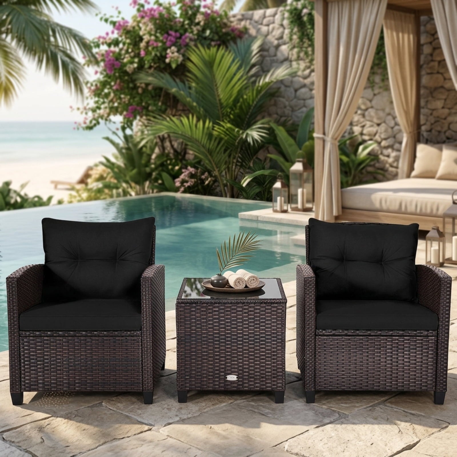 Biotree 3 Pcs Patio Rattan Furniture Set Cushioned Conversation Set Coffee Table Outdoor Conversation Set for Garden Backyard PorchBlack