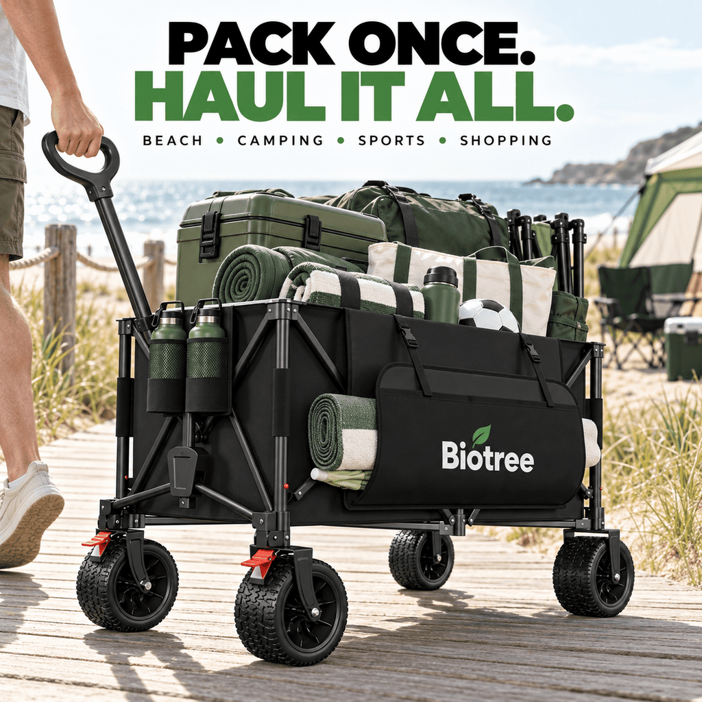 Biotree Collapsible Wagon Cart with Brakes, 600 lbs Heavy-Duty Folding Beach Wagon, 300L Large Capacity Garden Cart with All-Terrain Utility Cart for Camping Sports Shopping, Black